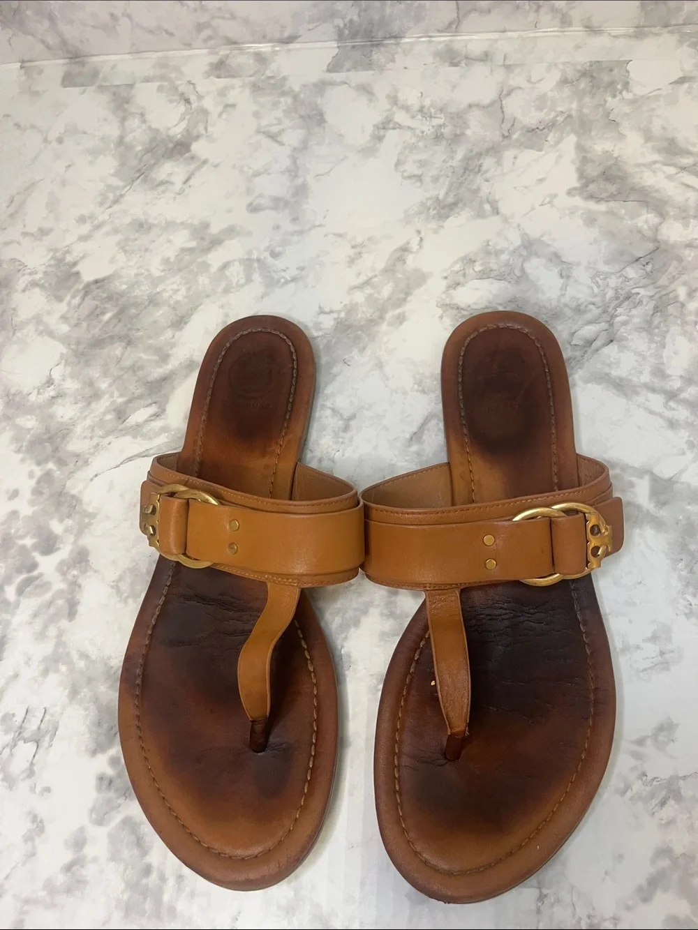 Tory Burch Tan Leather Buckle Thong Sandals